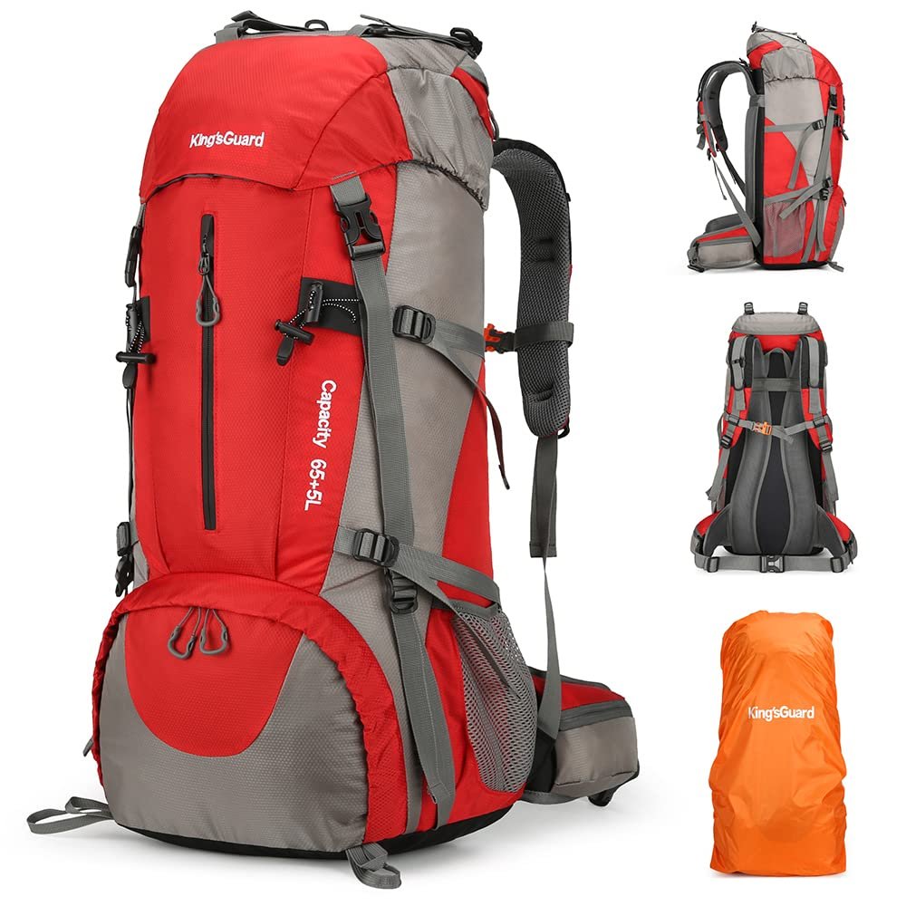 King'sGuard 70L Hiking Backpack with Rain Cover Lightweight Waterproof Travel Camping Backpack Large Backpacking Pack for Men and Women (Red)