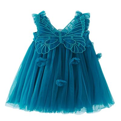 AGQT Baby Girls Tulle Tutu Dress Sleeveless Toddler Butterfly 3D Flower Print Back Girls Dresses Birthday Holiday Wedding Layered Lace Dress Peacock Blue Size 4-5T