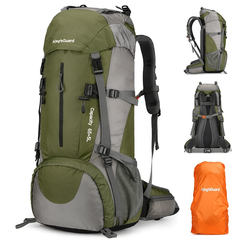 King'sGuard 70L Hiking Backpack with Rain Cover Lightweight Waterproof Travel Camping Backpack Large Backpacking Pack for Men and Women (Army Green)