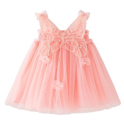 AGQT Baby Girls Tulle Tutu Dress Sleeveless Toddler Butterfly 3D Flower Print Back Girls Dresses Birthday Holiday Wedding Layered Lace Dress Light Pink Size 18-24M