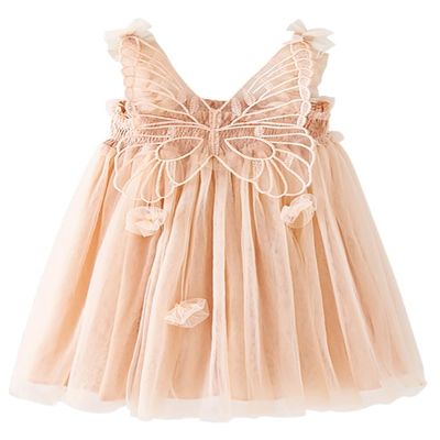 AGQT Baby Girls Tulle Tutu Dress Sleeveless Toddler Butterfly 3D Flower Print Back Girls Dresses Birthday Holiday Wedding Layered Lace Dress Apricotle Size 3-4T