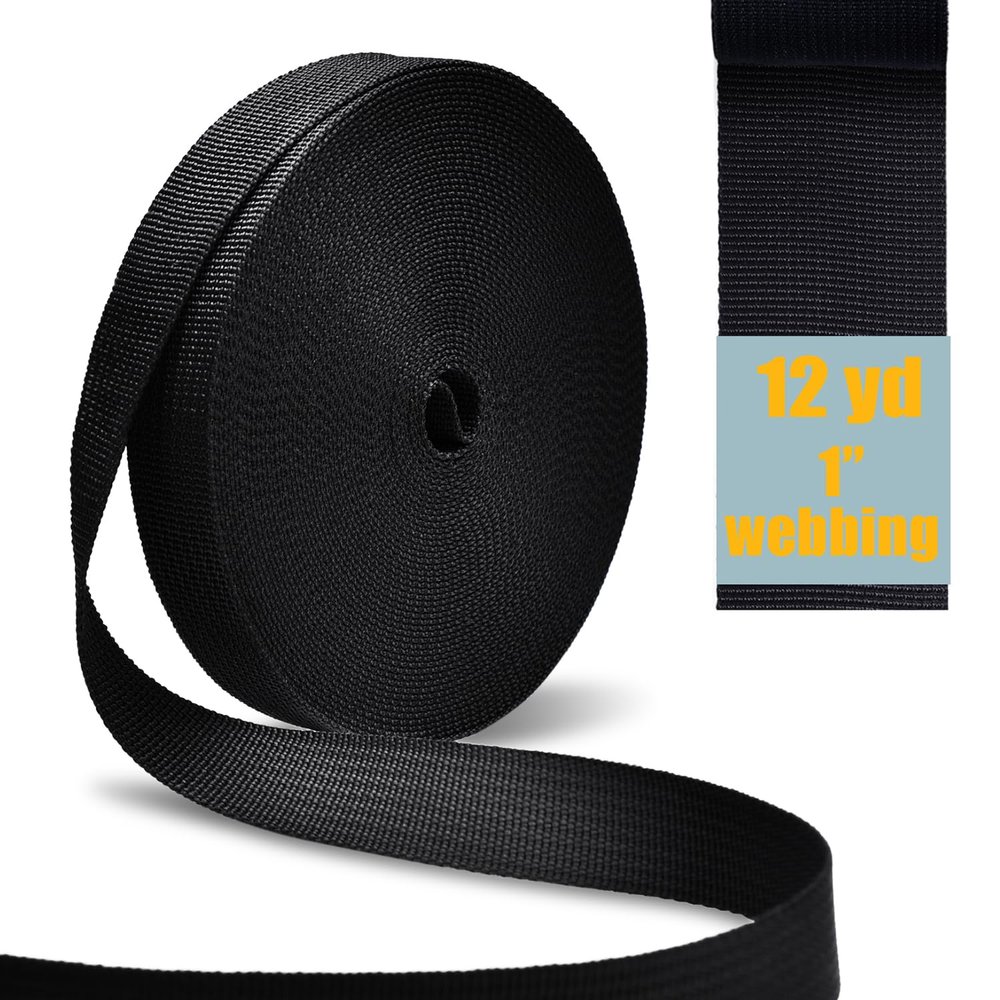 12 Yard Nylon Webbing Strap 1 inch Wide, Durable 1" Webbing Nylon Straps for Dog Leash Pets Collar Backpack, Outdoor Camping Tent Tie Strap DIY Crafts Replacement Lawn Chair Webbing Repair, Black