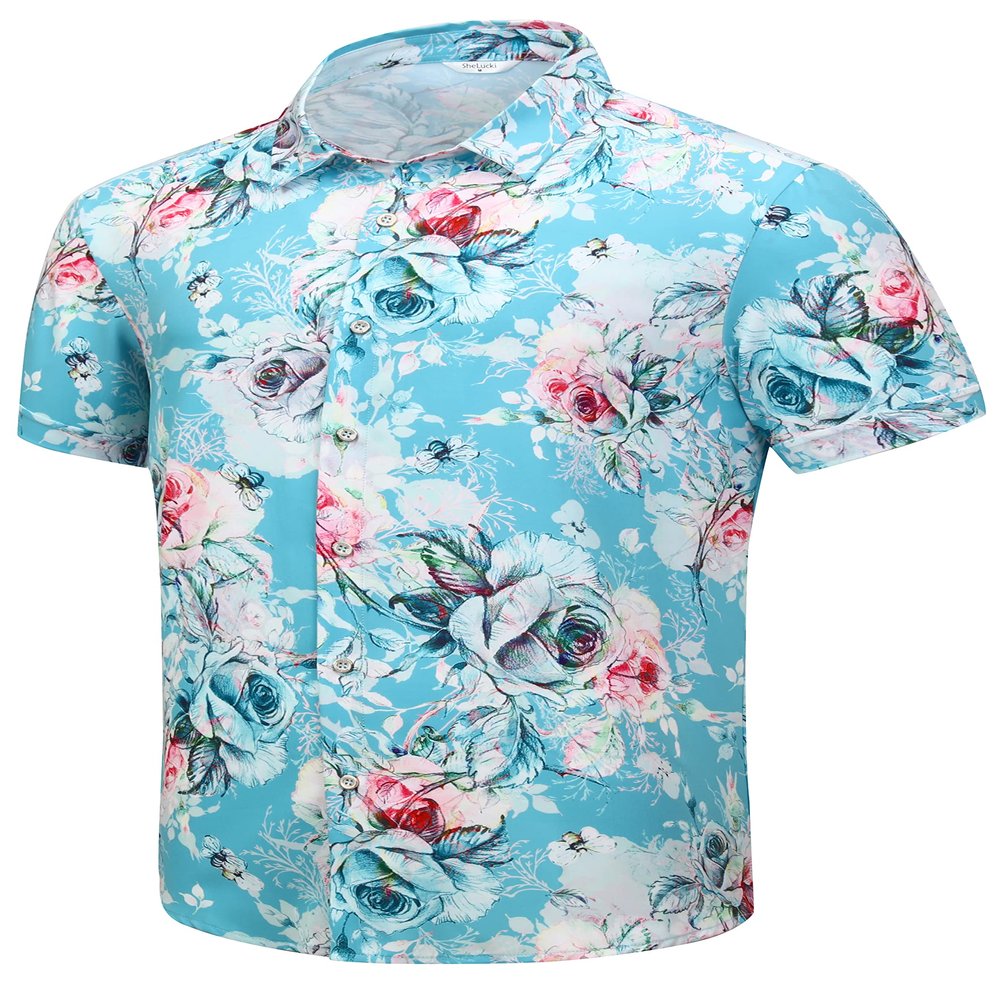 SheLucki Hawaiian Shirt for Men, Unisex Summer Beach Casual Short Sleeve Button Down Shirts, Printed Palmshadow Clothing Rose Blue M