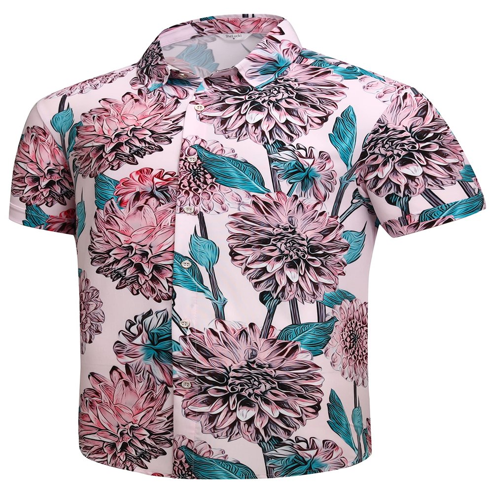 SheLucki Hawaiian Shirt for Men, Unisex Summer Beach Casual Short Sleeve Button Down Shirts, Printed Palmshadow Clothing Flower Pink M