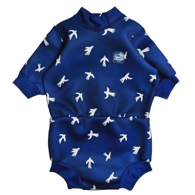 Splash About Happy Nappy Wetsuit, Swimsuit for Babies & Toddlers with Built-in Swim Diaper (White Birds, 6-14 Months)