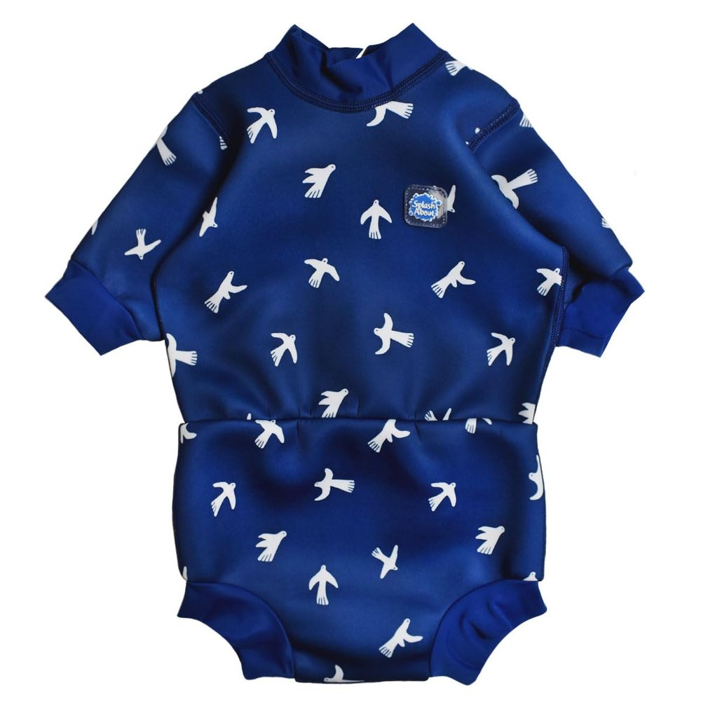 Splash About Happy Nappy Wetsuit, Swimsuit for Babies & Toddlers with Built-in Swim Diaper (White Birds, 6-14 Months)