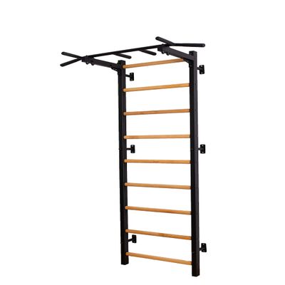 BenchK - Wooden Swedish Ladder Wall Stall Bar - Indoor Chin Up Bar Workout Equipment for Home Exercise, Physical Therapy, Gymnastics, Fitness (WallBars + Fixed Pullup Bar, Black)