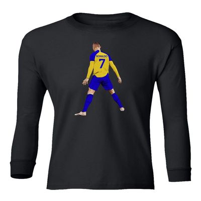 Sheki Apparel Al NASSR Soccer Ronaldo 7 Siuuu Goal Celebration Youth Long Sleeve T-Shirt (Black, Youth Small)
