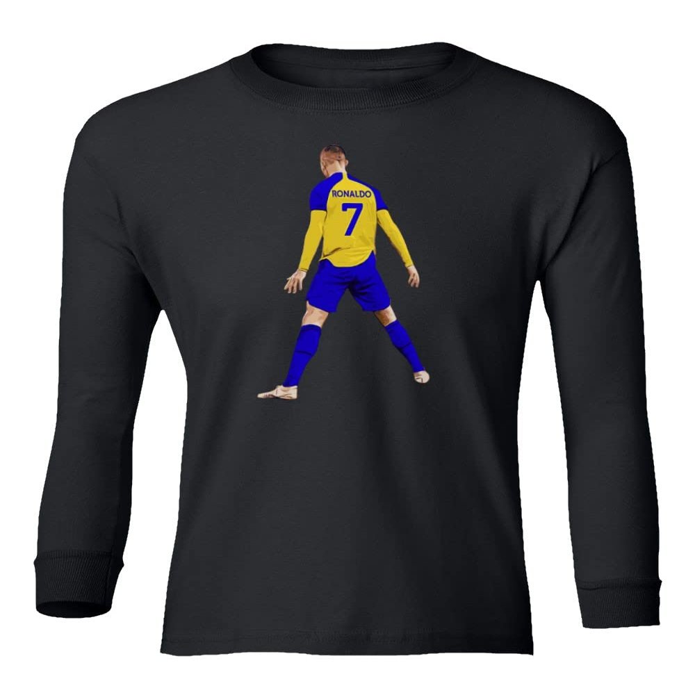 Sheki Apparel Al NASSR Soccer Ronaldo 7 Siuuu Goal Celebration Youth Long Sleeve T-Shirt (Black, Youth Small)