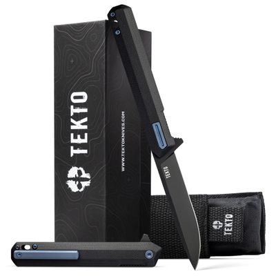 TEKTO F2 Bravo Folding Pocket Knife - D2 Steel Blade, Ceramic Ball Bearings - EDC - Snap, Swift Flip for Camping, Backpacking - 2.4oz (68g), G10 Black Handle, Blue Titanium Accents