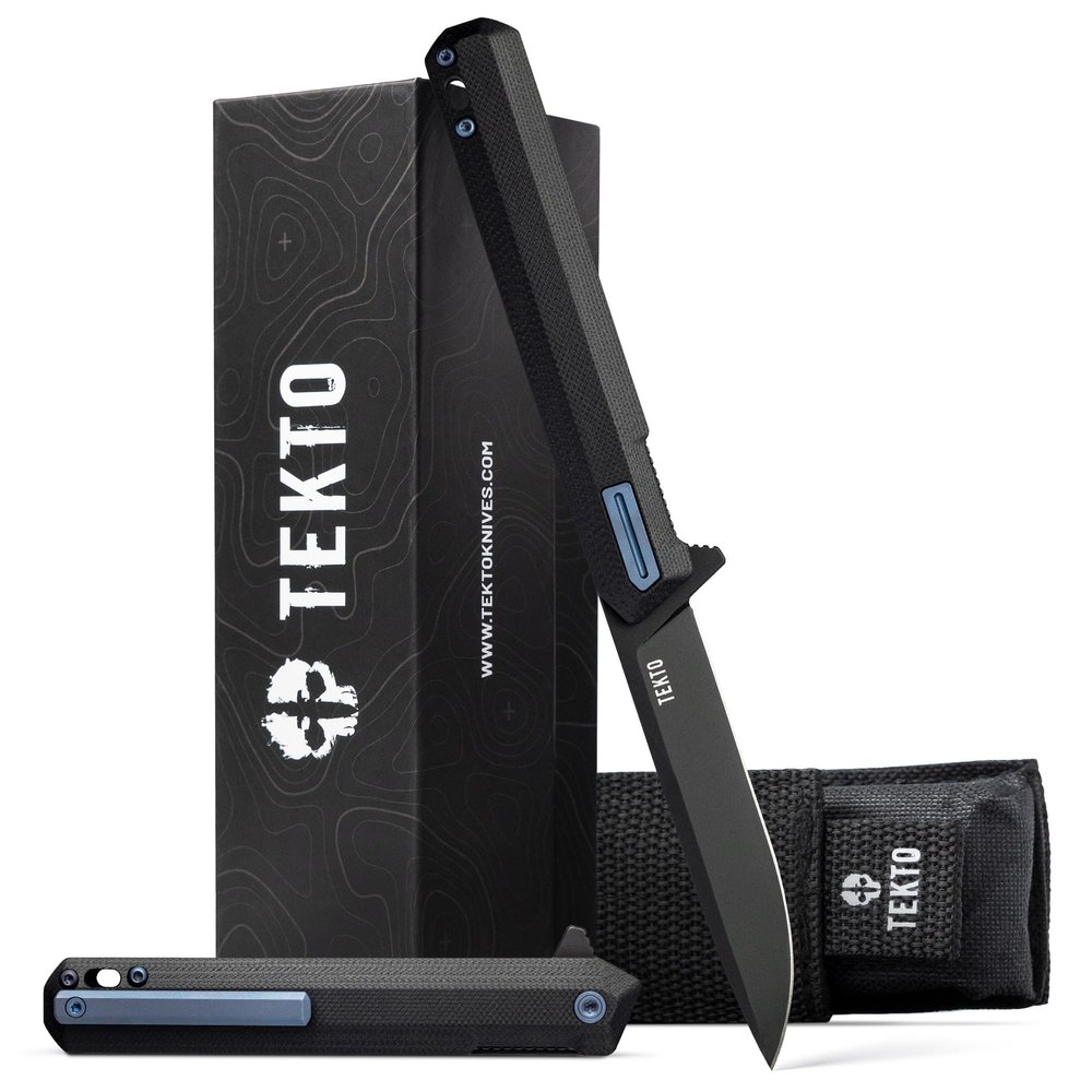 TEKTO F2 Bravo Folding Pocket Knife - D2 Steel Blade, Ceramic Ball Bearings - EDC - Snap, Swift Flip for Camping, Backpacking - 2.4oz (68g), G10 Black Handle, Blue Titanium Accents