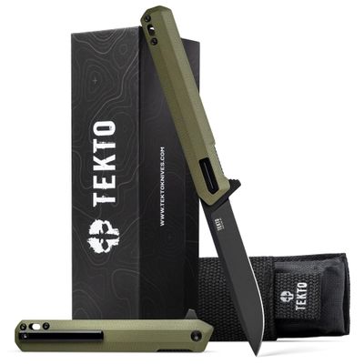 TEKTO F2 Bravo Folding Pocket Knife - D2 Steel Blade, Ceramic Ball Bearings - EDC - Snap, Swift Flip for Camping, Backpacking - 2.4oz (68g), G10 OD Green Handle, Black Titanium Accents