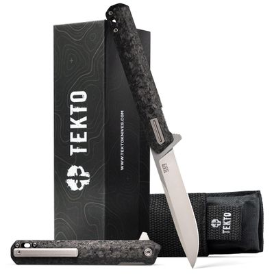 TEKTO F2 Bravo Folding Knife Pocket - D2 Steel Blade, Ceramic Ball Bearings - EDC - Snap, Swift Flip - Camping, Backpacking - 2.4oz (68g), Forged Carbon Handle, Silver Titanium Accents