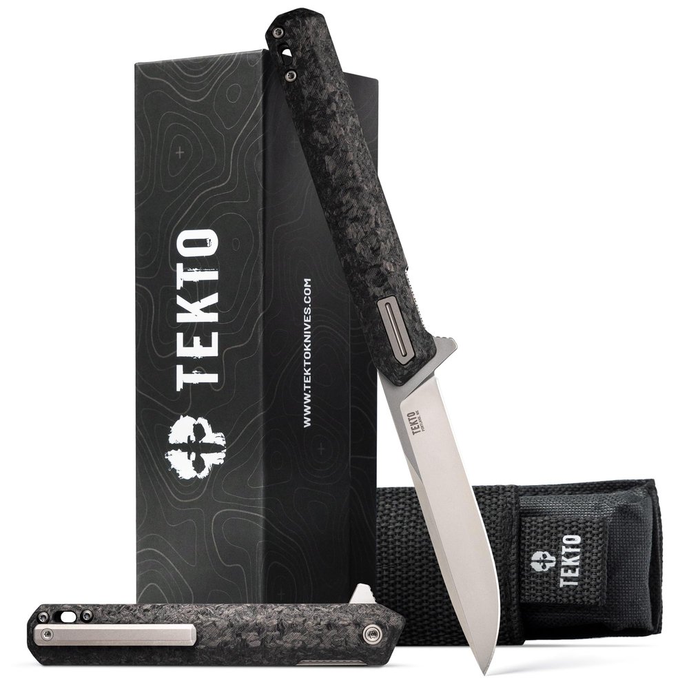 TEKTO F2 Bravo Folding Knife Pocket - D2 Steel Blade, Ceramic Ball Bearings - EDC - Snap, Swift Flip - Camping, Backpacking - 2.4oz (68g), Forged Carbon Handle, Silver Titanium Accents