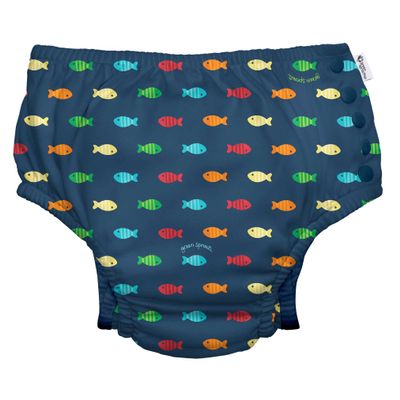 i play. by green sprouts Reusable, Eco Snap Swim Diaper with Gussets, UPF 50, Patented Design, STANDARD 100 by OEKO-TEX Certified - Navy Fish Geo, 6 mo