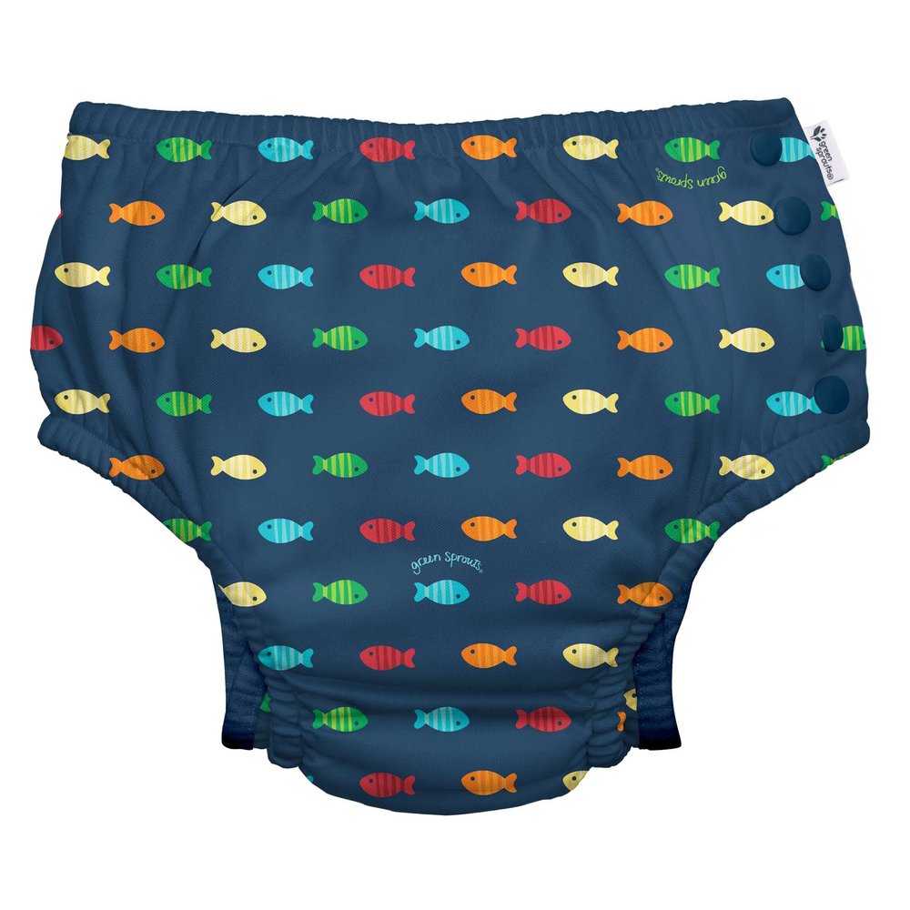 i play. by green sprouts Reusable, Eco Snap Swim Diaper with Gussets, UPF 50, Patented Design, STANDARD 100 by OEKO-TEX Certified - Navy Fish Geo, 6 mo
