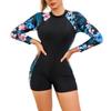 ABOCIW Womens Boyleg Long Sleeve Rashguard Swimsuit Floral Print Athletic One Piece Bathing Suit UPF 50 Zipper Surfing Wetsuit Swimwear Blue Medium view 1