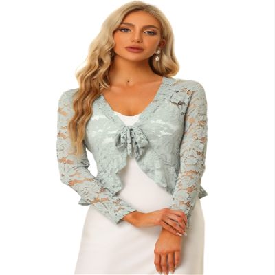 Allegra K Bolero Shrug for Women's Lace Cardigan Tie Front Crop Ruffled Formal Dressy Wedding Shrugs Small Grey