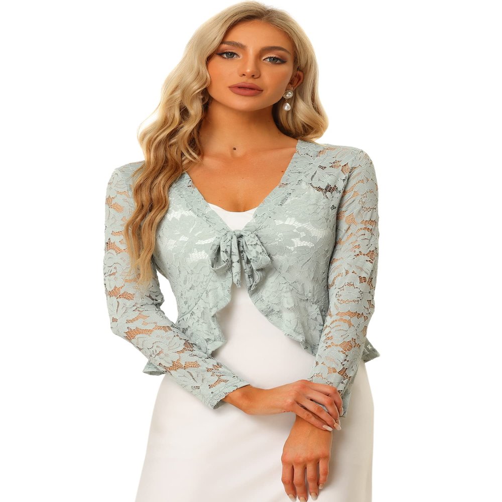 Allegra K Bolero Shrug for Women's Lace Cardigan Tie Front Crop Ruffled Formal Dressy Wedding Shrugs Small Grey