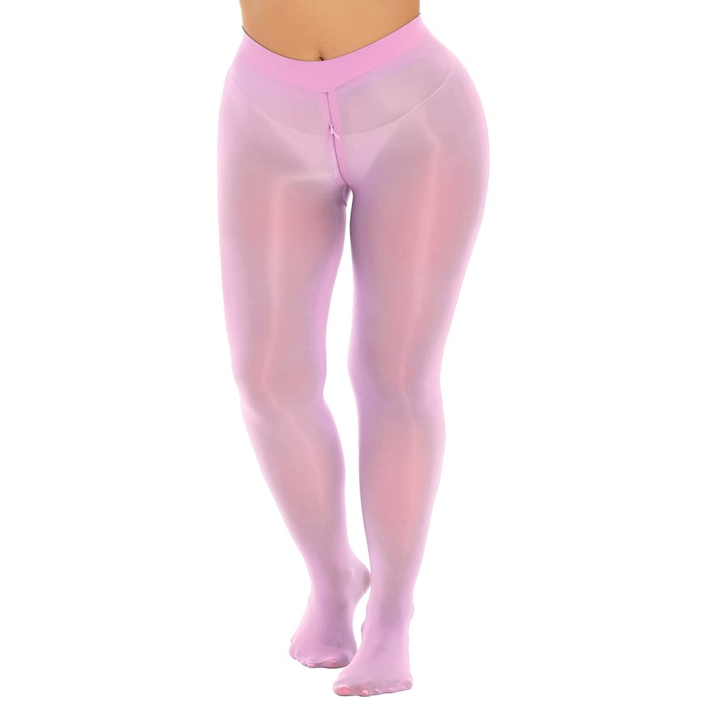 Agoky Women's High Waist Pantyhose Hosiery Seamless Silk Tights With Zipper Crotch - Footed Pink X-Large