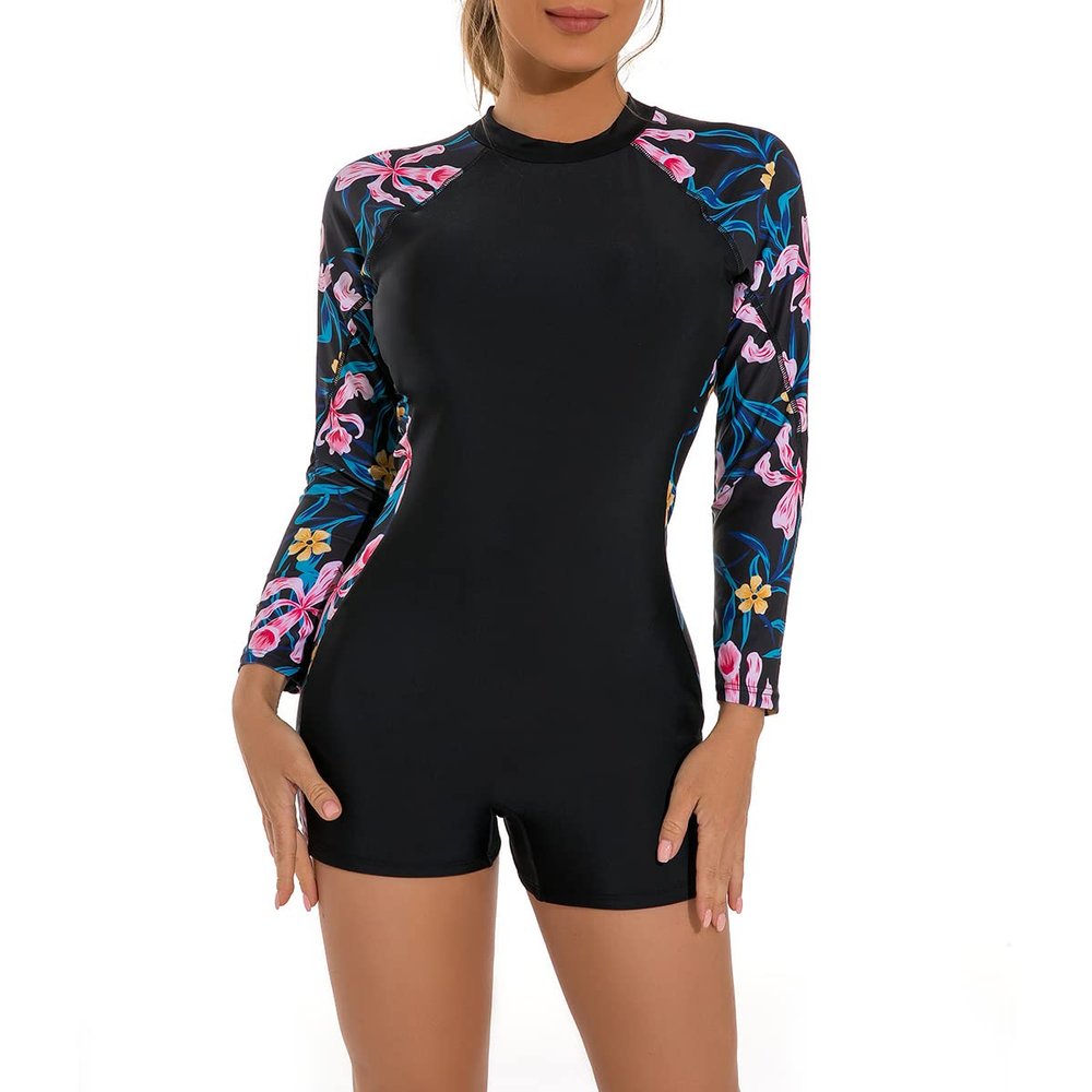 ABOCIW Womens Boyleg Long Sleeve Rashguard Swimsuit Floral Print Athletic One Piece Bathing Suit UPF 50 Zipper Surfing Wetsuit Swimwear Pink Large