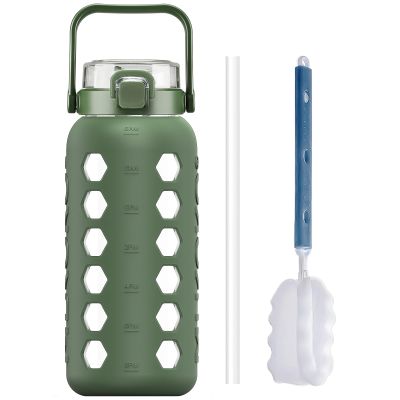 MUKOKO Half Gallon/64 oz Glass Water Bottles with Straw and Lid,Motivational Water Jug with Time Marker Reminder and Silicone Sleeve,100% Leakproof BPA Free Fitness Sports Large Bottle-Olive