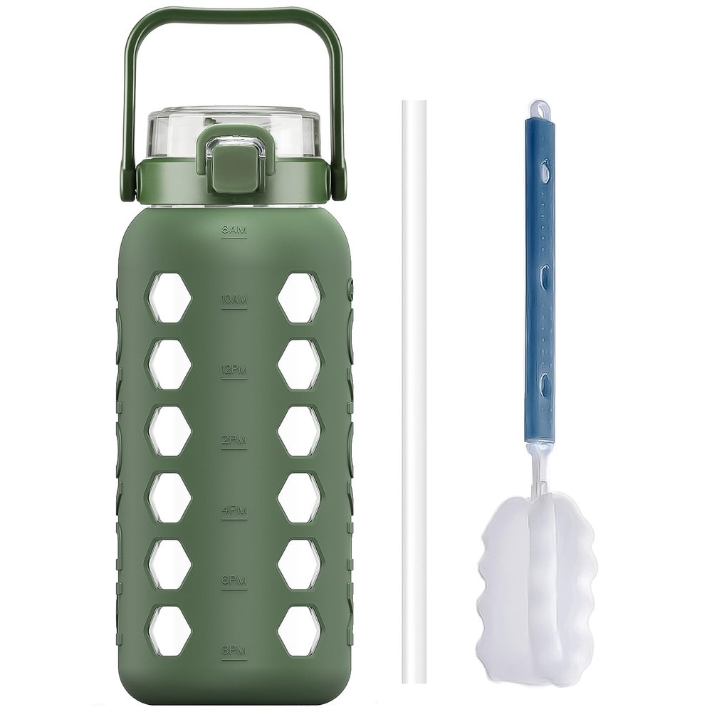 MUKOKO Half Gallon/64 oz Glass Water Bottles with Straw and Lid,Motivational Water Jug with Time Marker Reminder and Silicone Sleeve,100% Leakproof BPA Free Fitness Sports Large Bottle-Olive