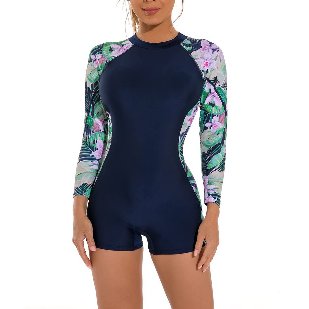 ABOCIW Womens Boyleg Long Sleeve Rashguard Swimsuit Floral Print Athletic One Piece Bathing Suit UPF 50 Zipper Surfing Wetsuit Swimwear Light Purple Large