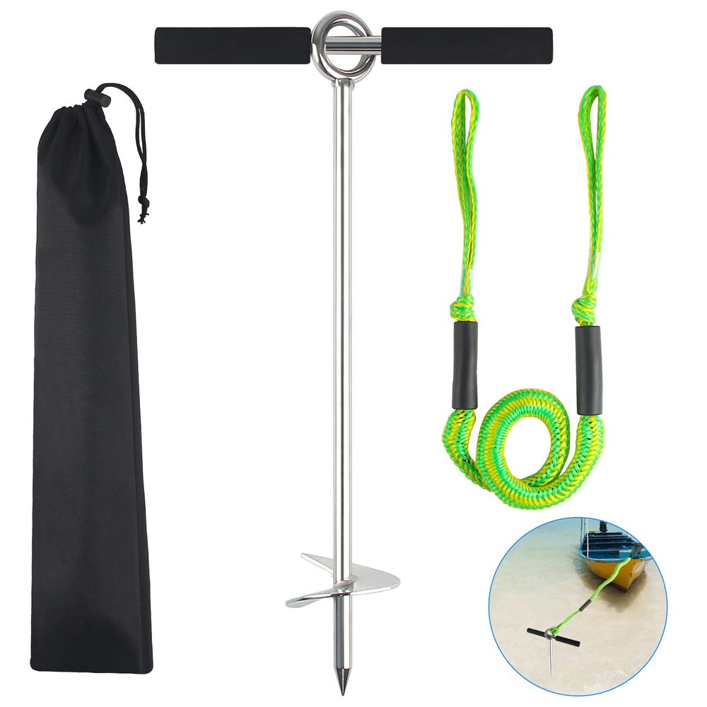 BALAVA 18" Sand Anchor,Shallow Water Sand Anchor with Ground Anchor Screw Auger,316 Stainless Steel Boat Sand Anchor with Removable Handle,for Boats, Jet Skis, PWCs, Pontoon,Include Bungee Line