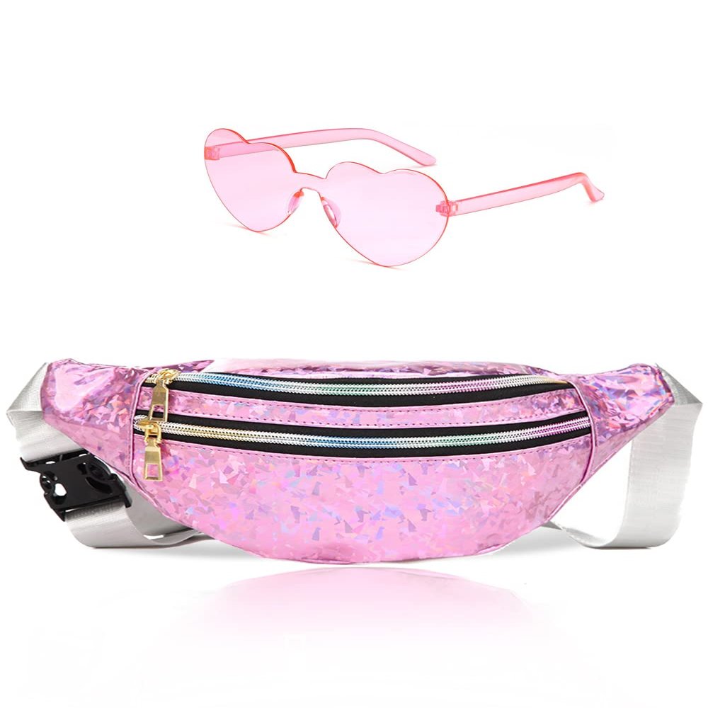 Fanny Pack Holographic with Heart Sunglasses,Waterproof Adjustable Belts Crossbody Waist Bag for Women Men Daily Wear, Bachelor Party (Peach pink)