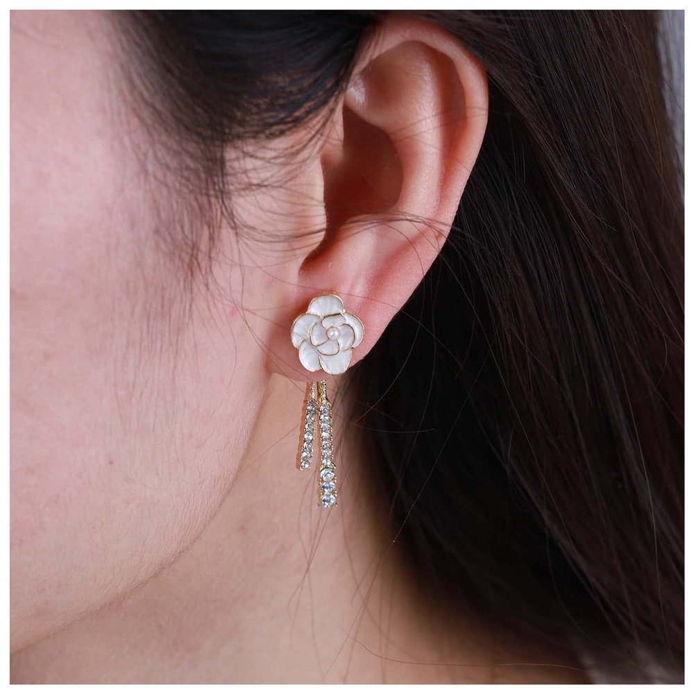 Erimberate Bohemian Rose Flower Ear Jackets Earrings Crystal Dangle Earrings Rose Studs Earrings Gold Cz Drop Earrings Rhinestone Tassel Earrings Jewelry for Women and Girls