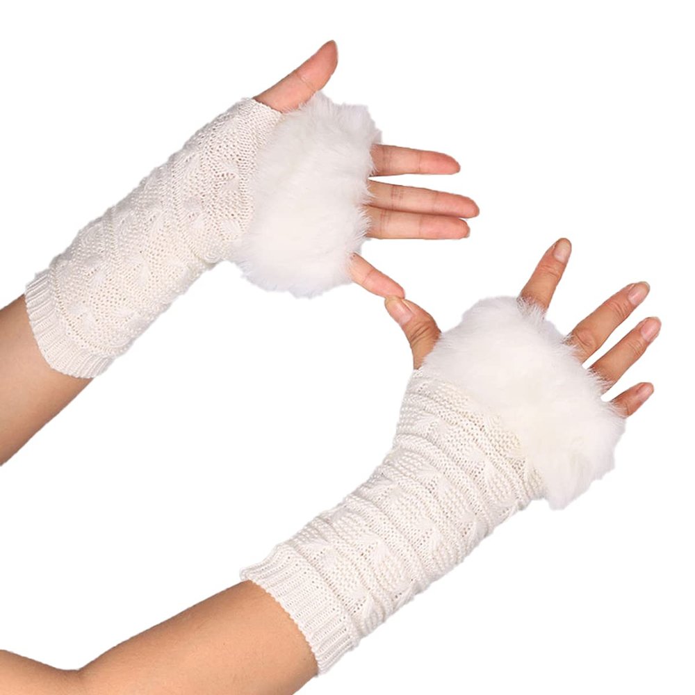 Queenbox Faux Fur Knit Fingerless Gloves, Arm Hand Warmer Sleeve Half Finger Mittens, White 01