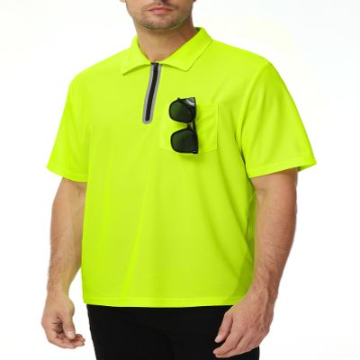 Men's Short Sleeve Pocket Polo Shirts Quarter-Zip Casual Dry Fit Moisture Wicking Performance Golf T-Shirts(Hi Viz Yellow,L)