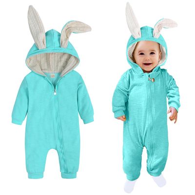 AGQT Baby Boys Bunny Costume Easter Halloween Clothes One Piece Romper Rabbit Ear Outfit Bodysuits Hoodie Light Blue Size 3-6 Months