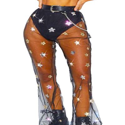 Zoestar Women Sheer Pants Sparkly Sequin Pant High Waist Festival Rave Costume Pants (as1, Alpha, m, Regular, Regular, Black, Regular)