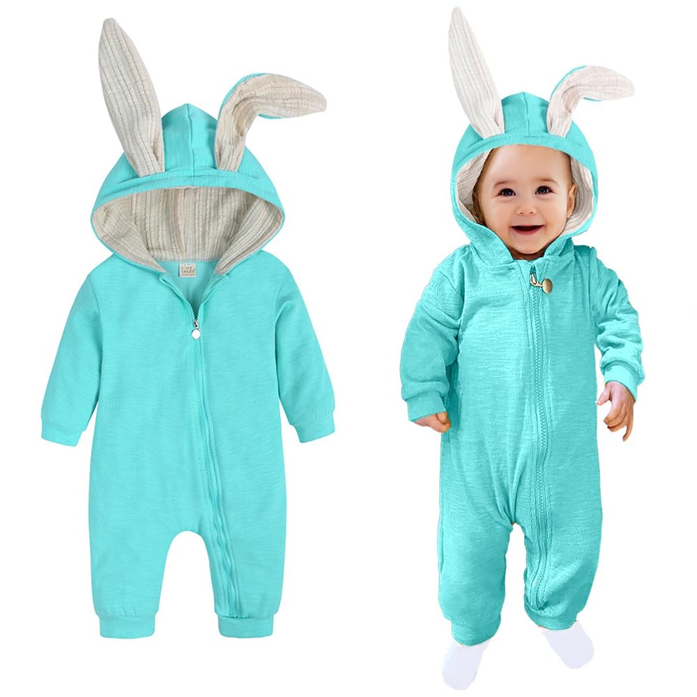 AGQT Baby Boys 1st Easter Outfit Halloween Bunny Costume Onesie Animal Jumpsuit Rabbit Ear Bodysuits One Piece Romper Hoodie Light Blue Size 6-12 Months