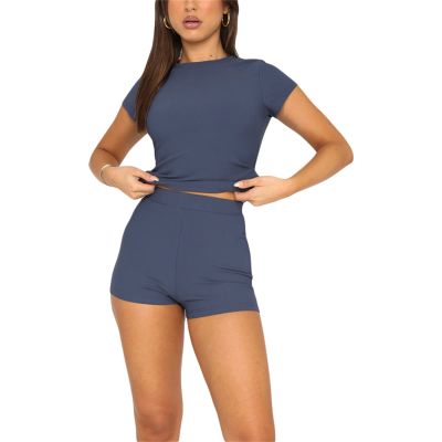Two Piece Outfits for Women Sexy Short Sleeve T-shirt Cop Tops High Waist Shorts Sets Trendy Streetwear (Blue, M)