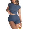 Two Piece Outfits for Women Sexy Short Sleeve T-shirt Cop Tops High Waist Shorts Sets Trendy Streetwear (Blue, M) view 2