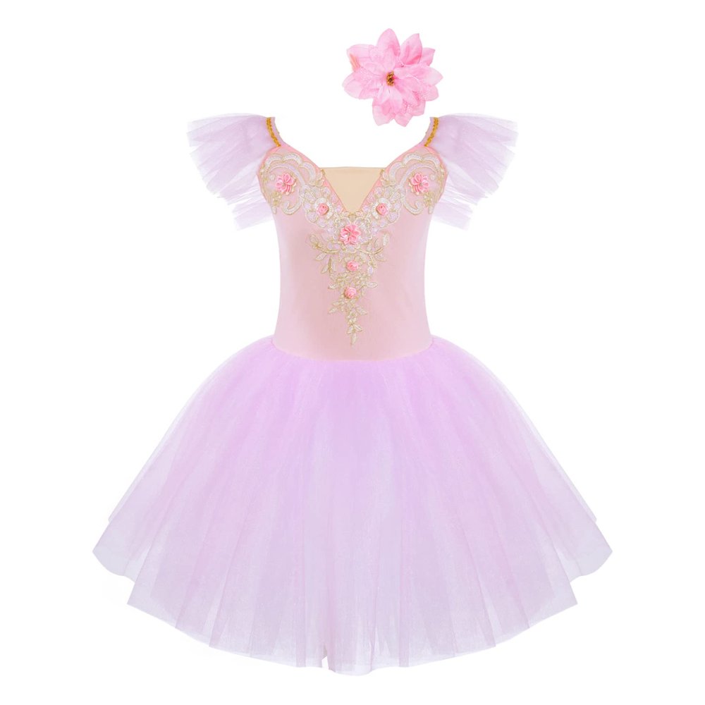 Agoky Girls Sequins Ballet Dance Dress Swan Lake Performance Tutu Leotard Dress with Fingerless Gloves Hair Clip Costume Pink A 9-10 Years