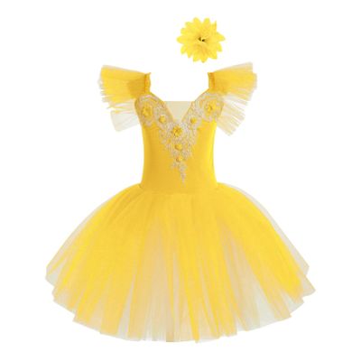 Agoky Girls Sequins Ballet Dance Dress Swan Lake Performance Tutu Leotard Dress with Fingerless Gloves Hair Clip Costume Yellow A 3-4 Years