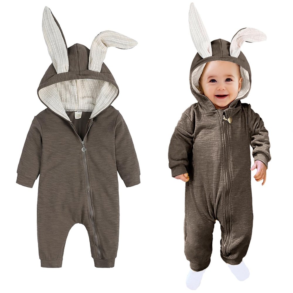 AGQT Baby Boys Bunny Costume 1st Easter Outfit Halloween Animal Costume One Piece Romper Rabbit Ear Bodysuits Hoodie Brown Size 18-24 Months