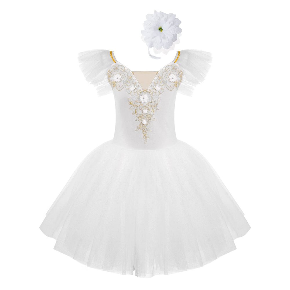 Agoky Girls Sequins Ballet Dance Dress Swan Lake Performance Tutu Leotard Dress with Fingerless Gloves Hair Clip Costume White A 7-8 Years