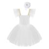 Agoky Girls Sequins Ballet Dance Dress Swan Lake Performance Tutu Leotard Dress with Fingerless Gloves Hair Clip Costume White A 7-8 Years view 2