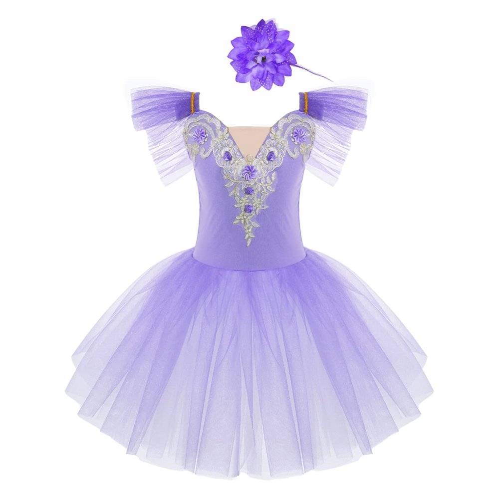 Agoky Girls Sequins Ballet Dance Dress Swan Lake Performance Tutu Leotard Dress with Fingerless Gloves Hair Clip Costume Purple A 5-6 Years