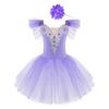 Agoky Girls Sequins Ballet Dance Dress Swan Lake Performance Tutu Leotard Dress with Fingerless Gloves Hair Clip Costume Purple A 5-6 Years view 1