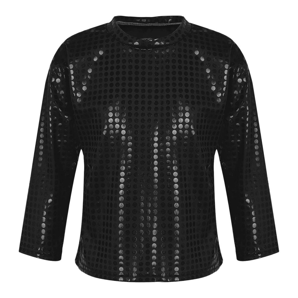 Agoky Kids Boys Girls Long Sleeve Shiny Sequin Dance Crop Top Diamond Children Gymnastic Performance Tee Shirts Black 2-3 Years