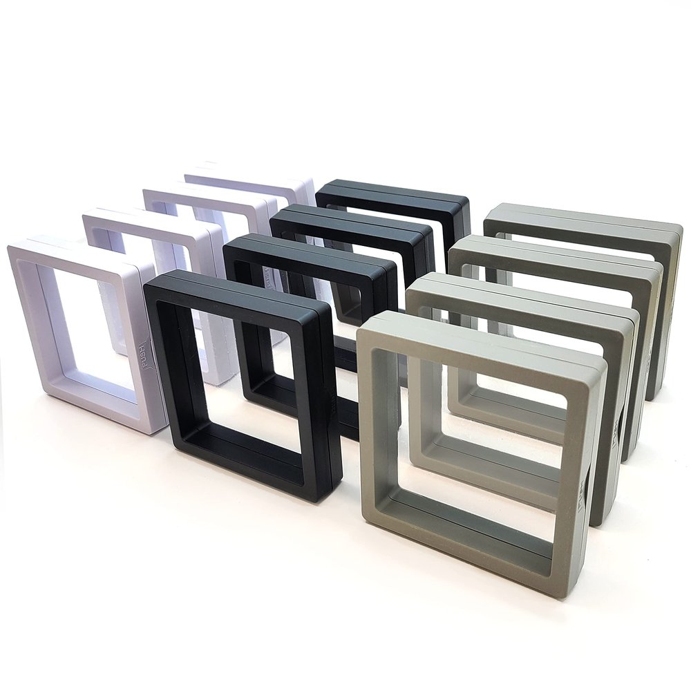 12PCS 3D Floating Frame Display Stand, Jewelry Box, Gift Box, Ornament Organizer, Small Travel Jewelry Box, PE Film Anti-Oxidation, Suspended Display Box Stackable (3.54*3.54Type 1)