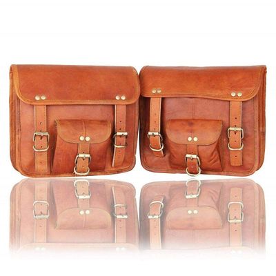 PLW Genuine Leather Larrge Saddle Bag for Motorcycle | Tan Brown Color Studed 2 Starp Real leather Universal Saddlebag Biker Bag | Pack of 2 Leather Swing Arm Bags for Bullet Himalayan Royal Enfield