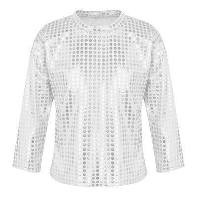 Agoky Kids Boys Girls Long Sleeve Shiny Sequin Dance Crop Top Diamond Children Gymnastic Performance Tee Shirts Silver 2-3 Years