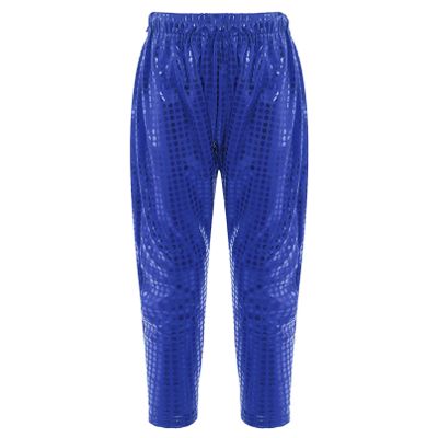 Agoky Kids Girls Boys Shiny Metallic Dance Harem Pants Athletic Jazz Hip Hop Latin Dance Leggings Radish Pants Royal Blue 9-10 Years